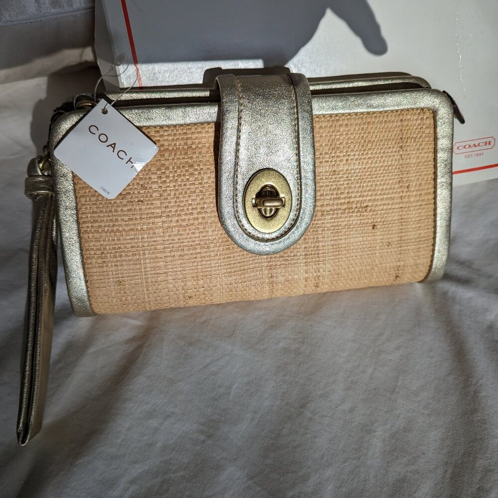 Coach Natural Straw Weave Wristlet Clutch with Gold Trim NWT